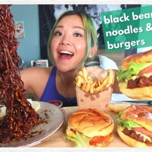 Vegan CHEAT DAY MUKBANG! Truffle Jjajangmyun (Black Bean Noodles) & Burgers / Munching Mondays Ep.89