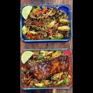 Quick Teriyaki Brussels Sprouts & Grains with Salmon Meal Prep - Short Recipe