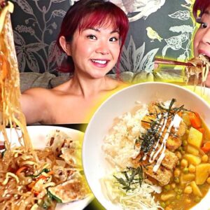 EATING FOOD FROM MY VEGAN CAFE (Japchae & Tofu Katsu Curry) Vegan Mukbang / Munching Mondays Ep.119
